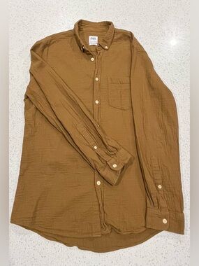 Mens Zara Relaxed Fit Crinkle Gauze Button Down Shirt Sz XL Color Moroccan Curry